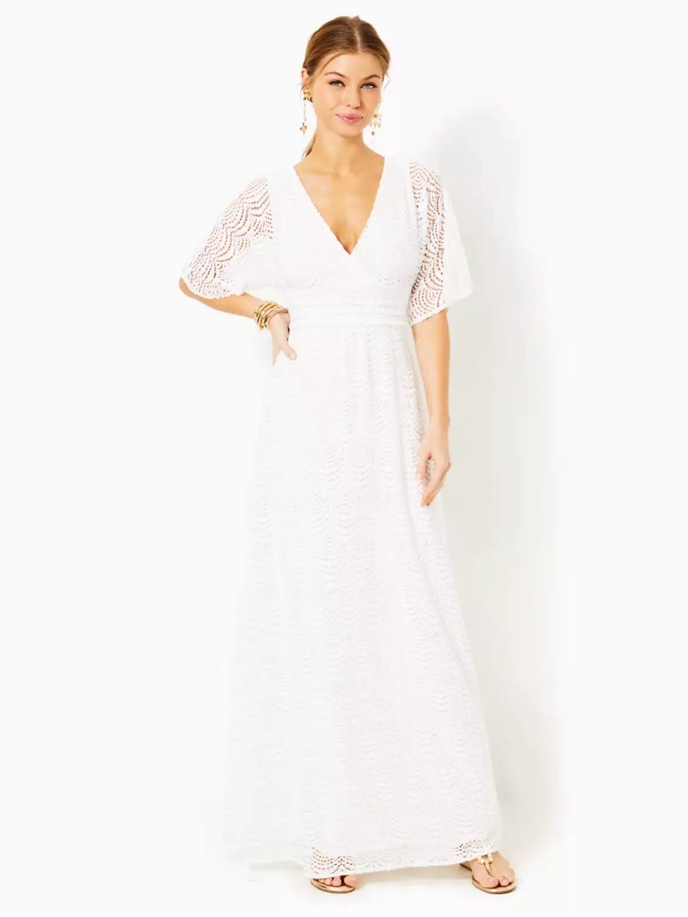 Lilly Pulitzer White Lace V-Neck Maxi Dress with Flutter Sleeves